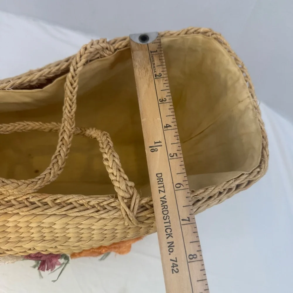 Vintage Woven Straw Tote Bag Raffia Floral Embroidery Boho Basket Beach Bag Tan - Picture 14 of 14